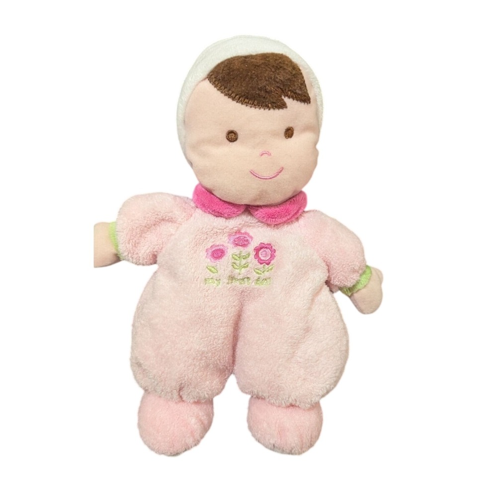 Carter's Just One Year Baby Doll Plush Pink Floral Embroidery Stuffed Toy Rattle